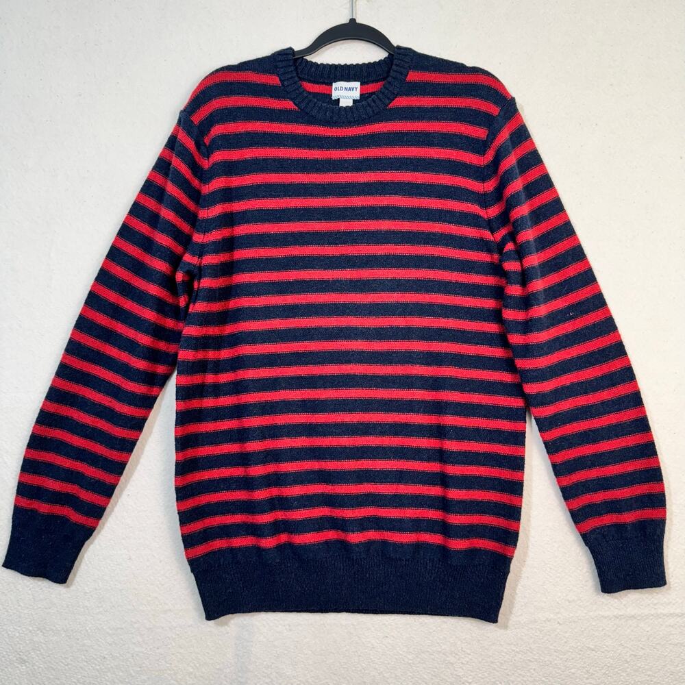 Old Navy Pullover Crew Sweater Reverse Stripe Ink Blue Heather Red Men's Large